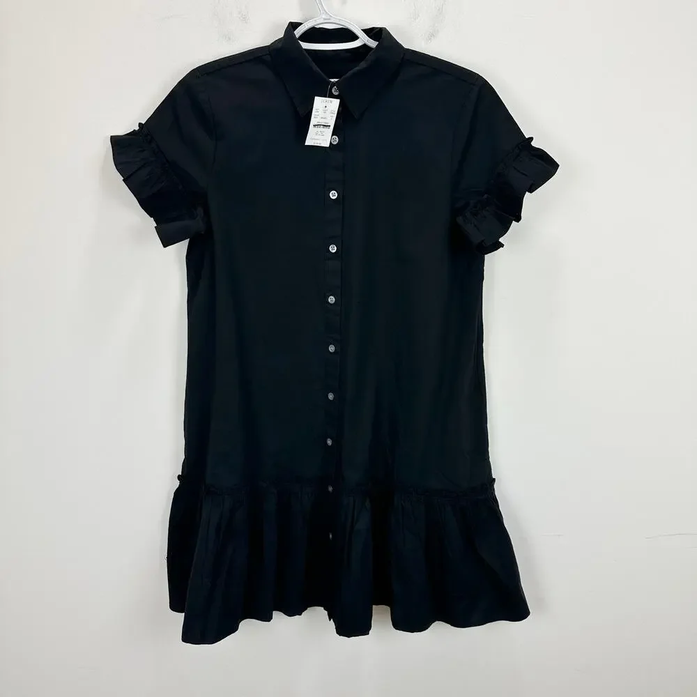 J.Crew Ruffle Sleeve Mini Shirt Dress Cotton Pockets Classic Black US 2 NWT